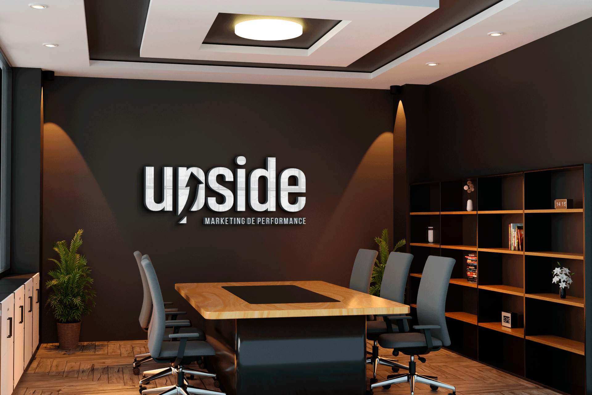 Sala de reunião da Upside com logo na parede